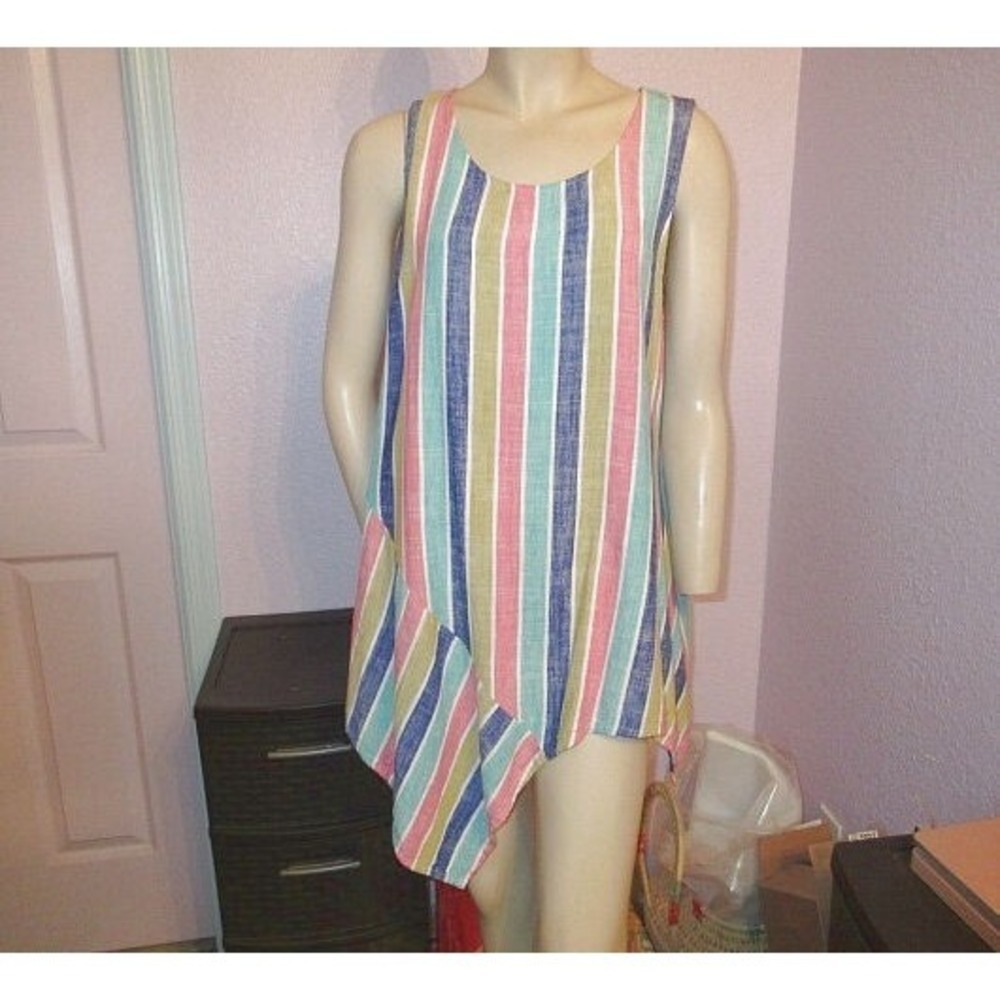 Asymmetrical Rainbow Stripe Boho Blouse Top Size L Linen Blend Coastal Lagenlook